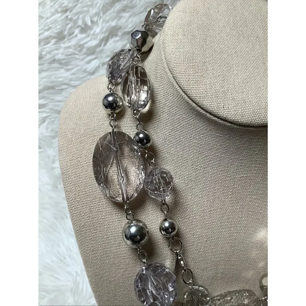 NY New York Co Silver Tone Double Strand Clear Faceted Beaded Necklace F18-59
